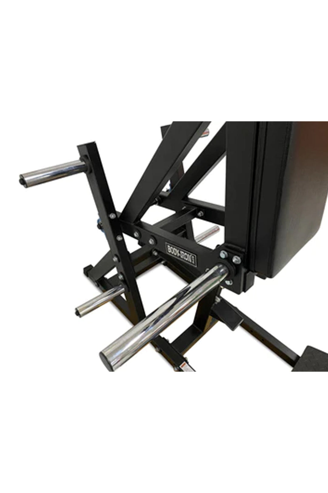 Weight plate peg and weight plate holders on black hack squat machine