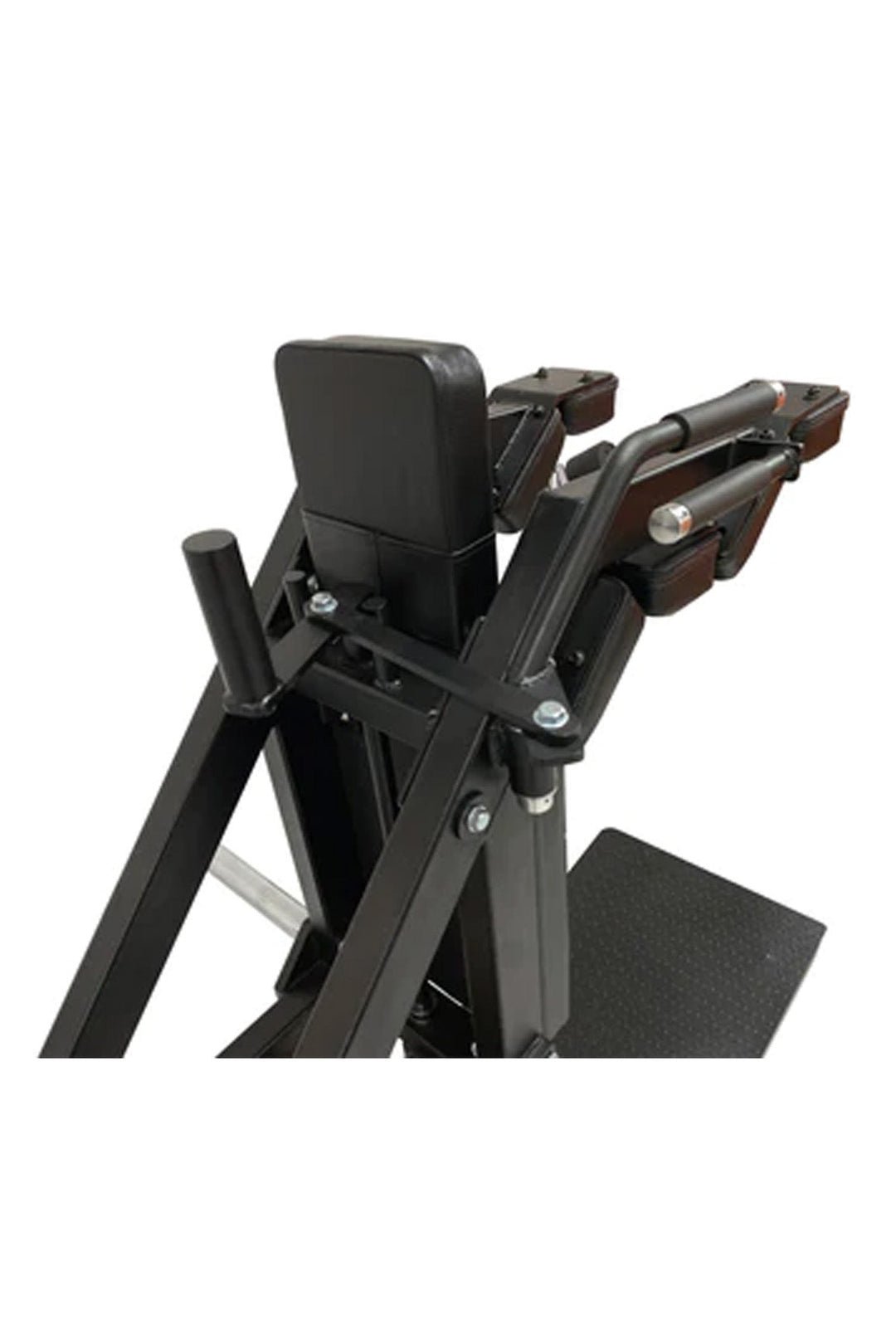 Adjustment dial on the back of black front squat and hack squat machine