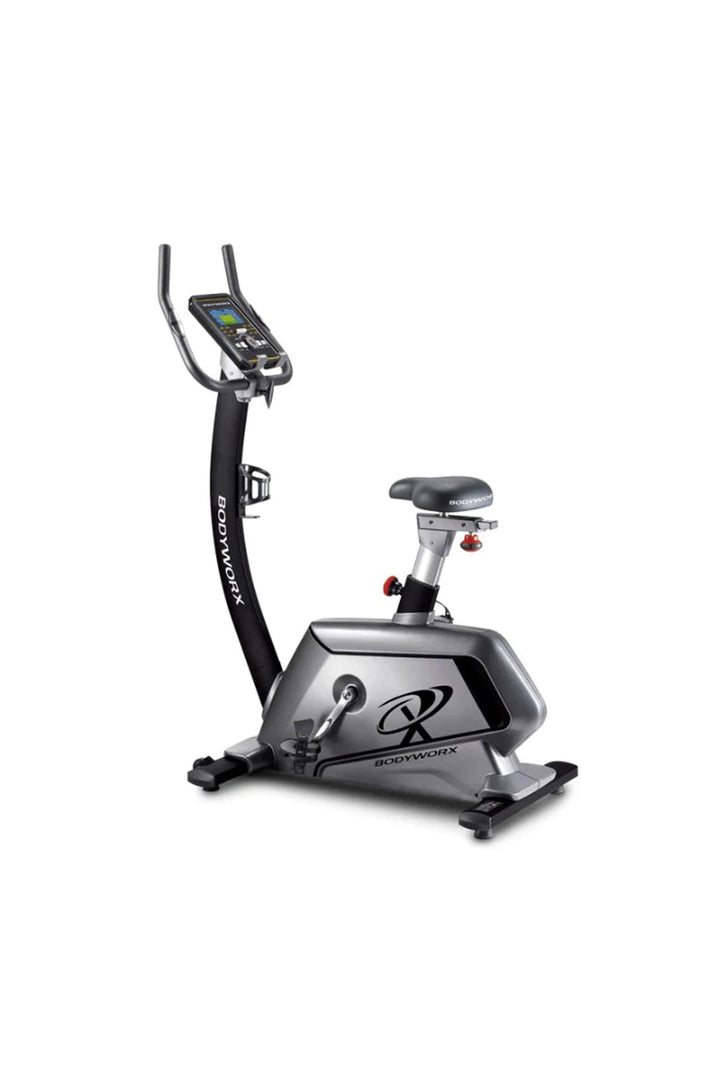 black and grey Bodyworx upright exercise bike
