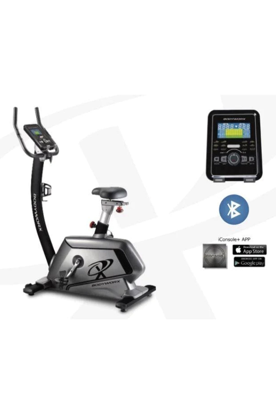 black and grey Bodyworx upright exercise bike bluetooth feature