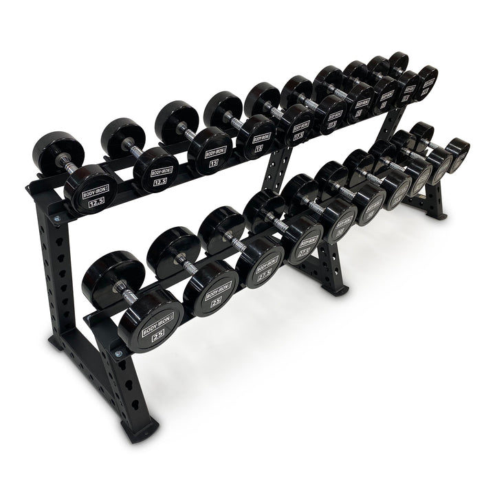 10 pairs of body iron dumbbells in dumbbell rack